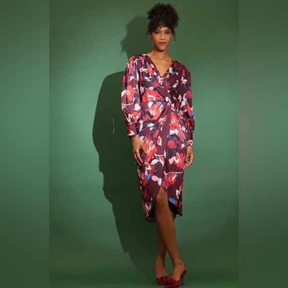 Maggy London Beautiful Wine/Coral Long Sleeve v-neck surplice Wrap‎ Dress size 4 - Picture 1 of 7